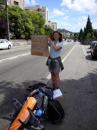 Ania hitchhiking in Portugal